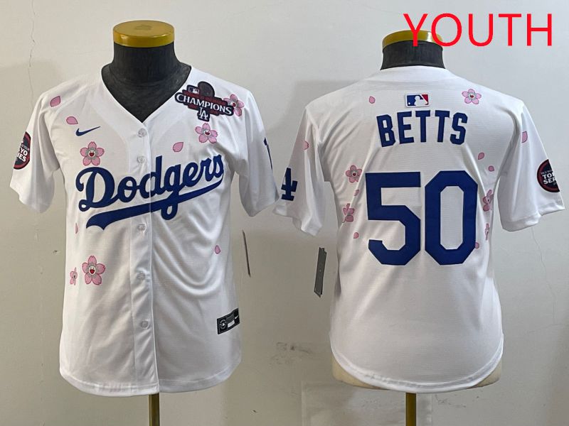 Youth Los Angeles Dodgers #50 Betts White Sakura Edition 2025 Nike MLB Jersey style 2